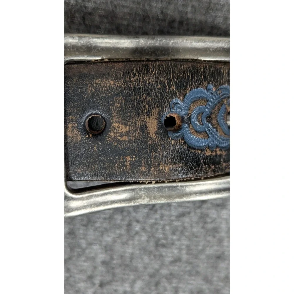 VTG Leather Island Belt 36 Brown Blue Etched Western Bill Lavin Silver Buckle